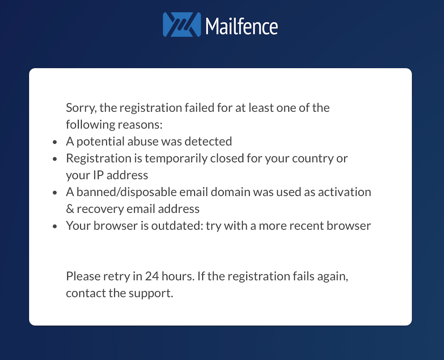 Mailfence registreringsfel