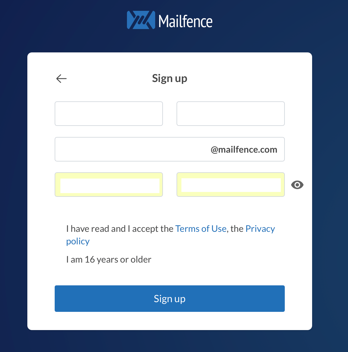 Mailfence registreringsformulär